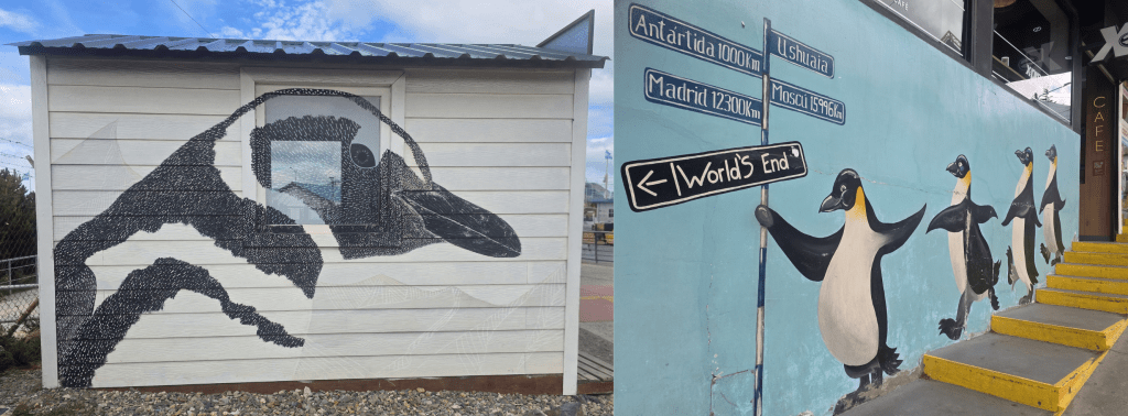 (L) Magellanic penguin mural on one of the huts at the port.
(R) The famous penguins marching down the street mural in the city centre