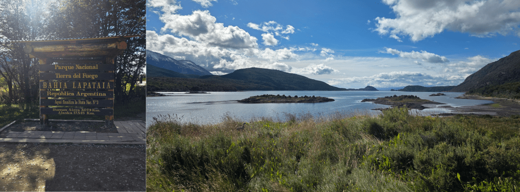(L) The sign marking the end of Ruta Nacional 3 at Bahia Lapataia
(R) View looking towards the Beagle Channel at Bahia Lapataia